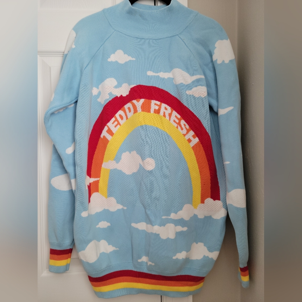 Teddy Fresh RAINBOW And Clouds Light Blue Sweater, SZ Med, Mock Neck Long Sleeve